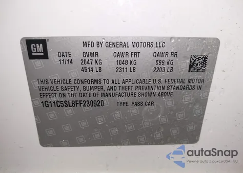 2015 Chevrolet Malibu 1Lt from USA, damaged, VIN 1G11C5SL8FF230920